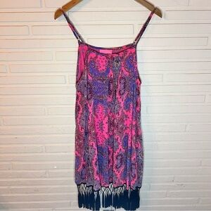 Beautifully Hot Pink Purple Paisley Fringed Boho Flowy Dress, Women’s Size Large